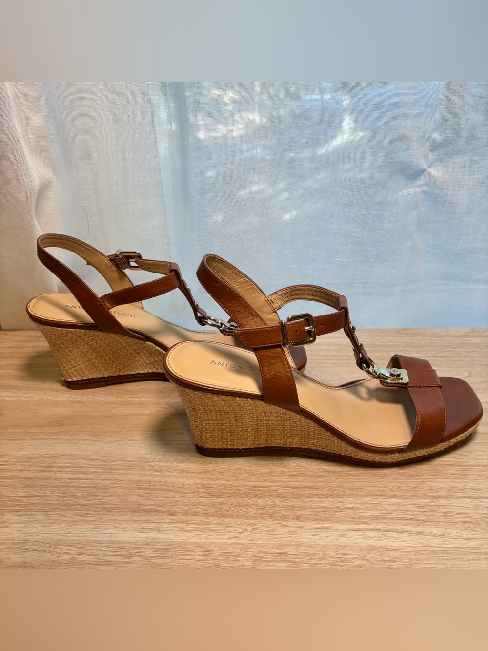 ANTONIO MELANI Tan Brown Leather Wedge Sandals with Chain Detail
